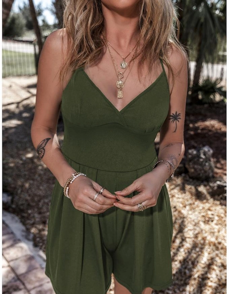 Moss Green Spaghetti Straps Cinched Waist Ribbed Romper