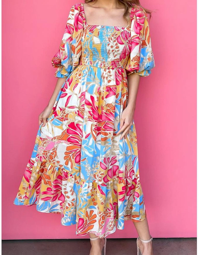 Rose Red Tropical Print Smocked Bodice Puff Sleeve Maxi Dress