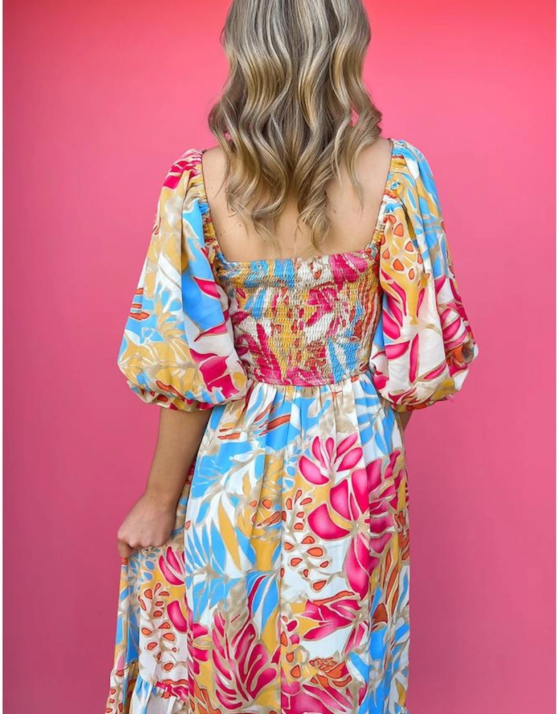 Rose Red Tropical Print Smocked Bodice Puff Sleeve Maxi Dress