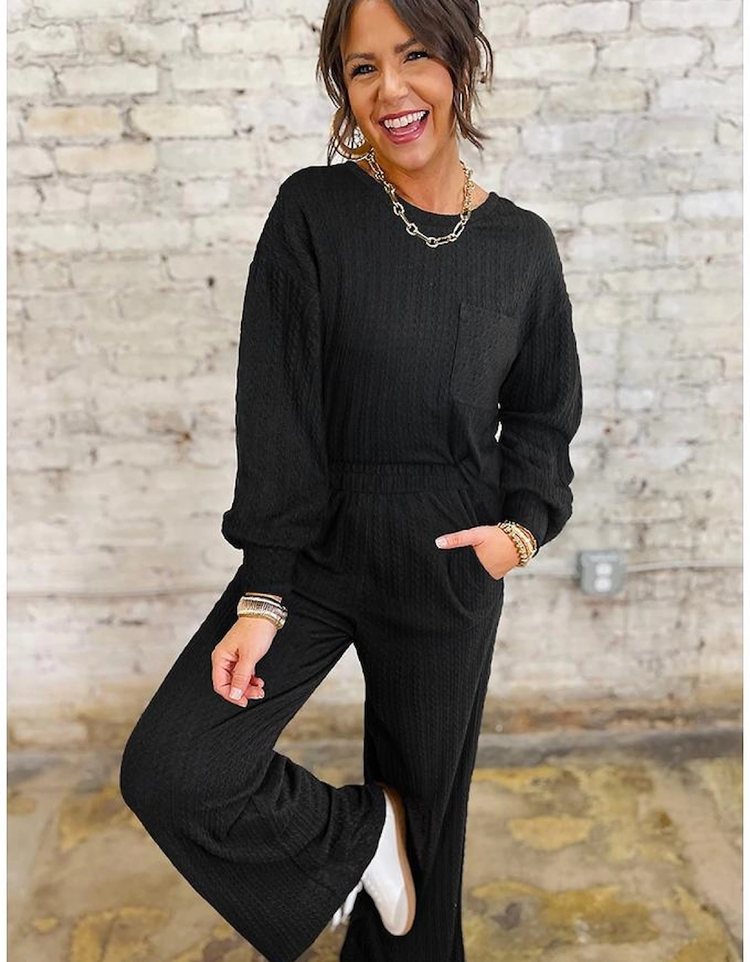 Black Textured Chest Pocket Long Sleeve Top 2Pcs Pants Set