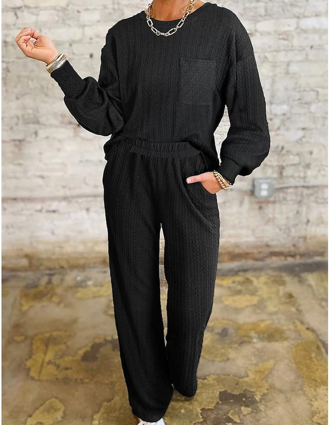 Black Textured Chest Pocket Long Sleeve Top 2Pcs Pants Set, 5 of 4