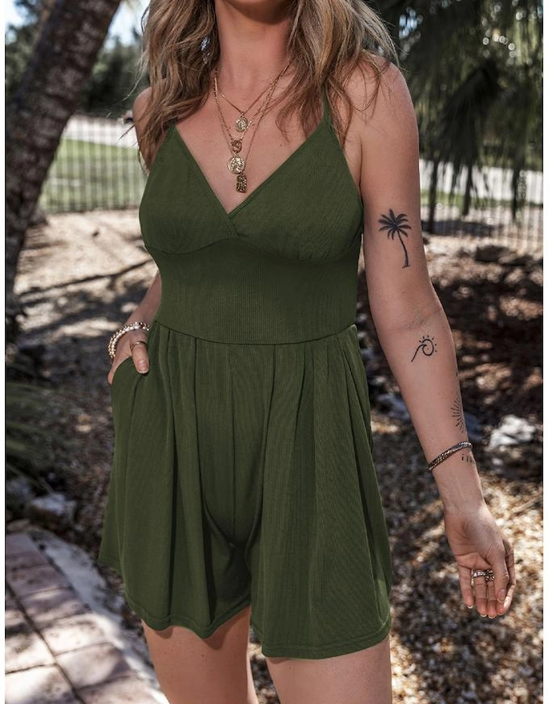 Moss Green Spaghetti Straps Cinched Waist Ribbed Romper
