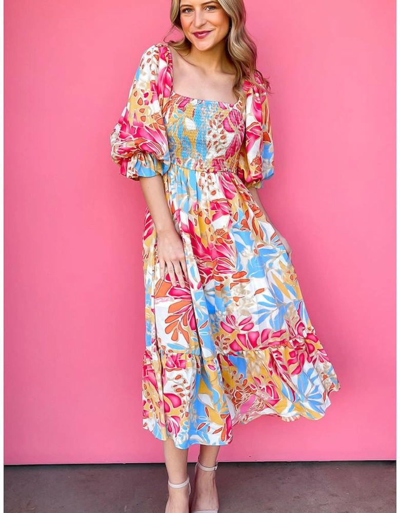 Rose Red Tropical Print Smocked Bodice Puff Sleeve Maxi Dress