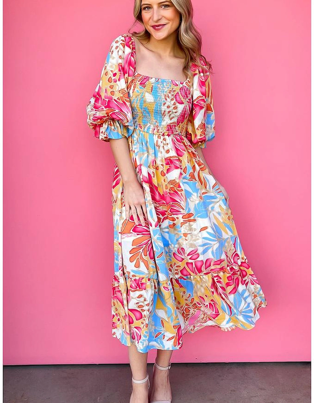 Rose Red Tropical Print Smocked Bodice Puff Sleeve Maxi Dress