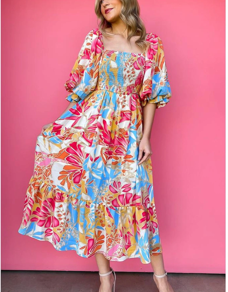 Rose Red Tropical Print Smocked Bodice Puff Sleeve Maxi Dress
