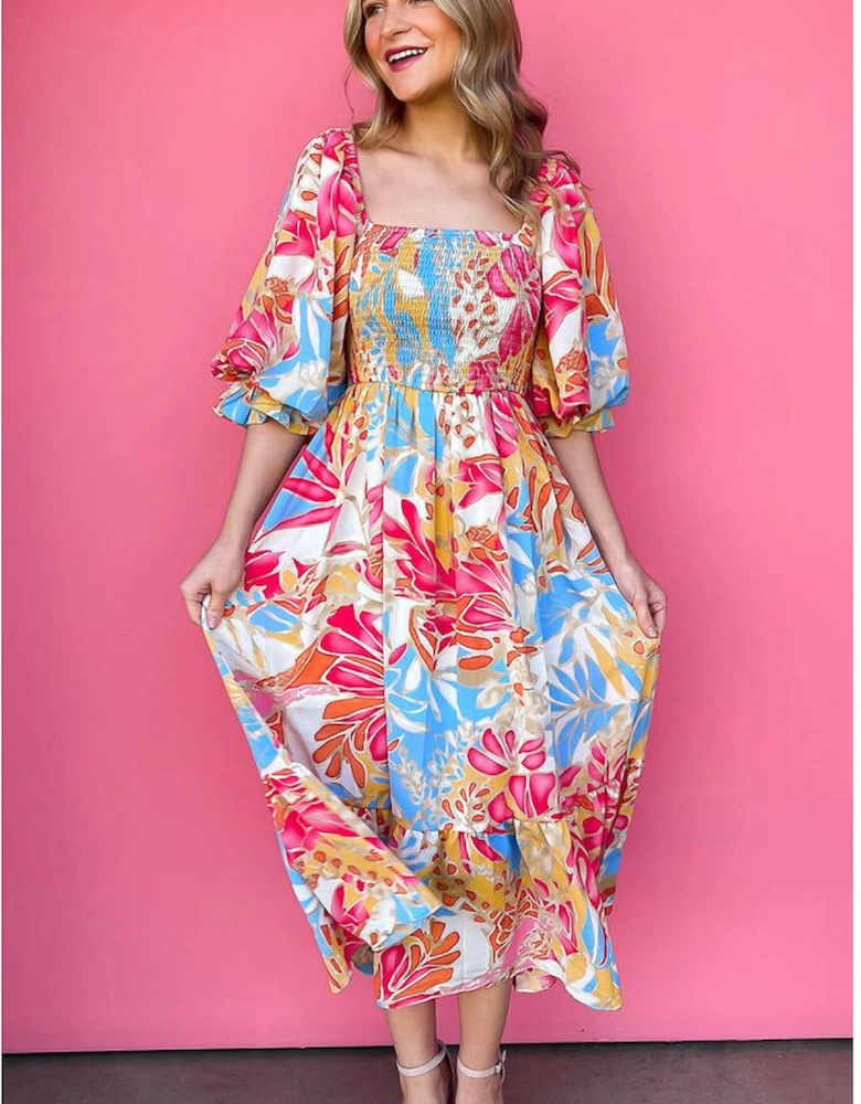 Rose Red Tropical Print Smocked Bodice Puff Sleeve Maxi Dress