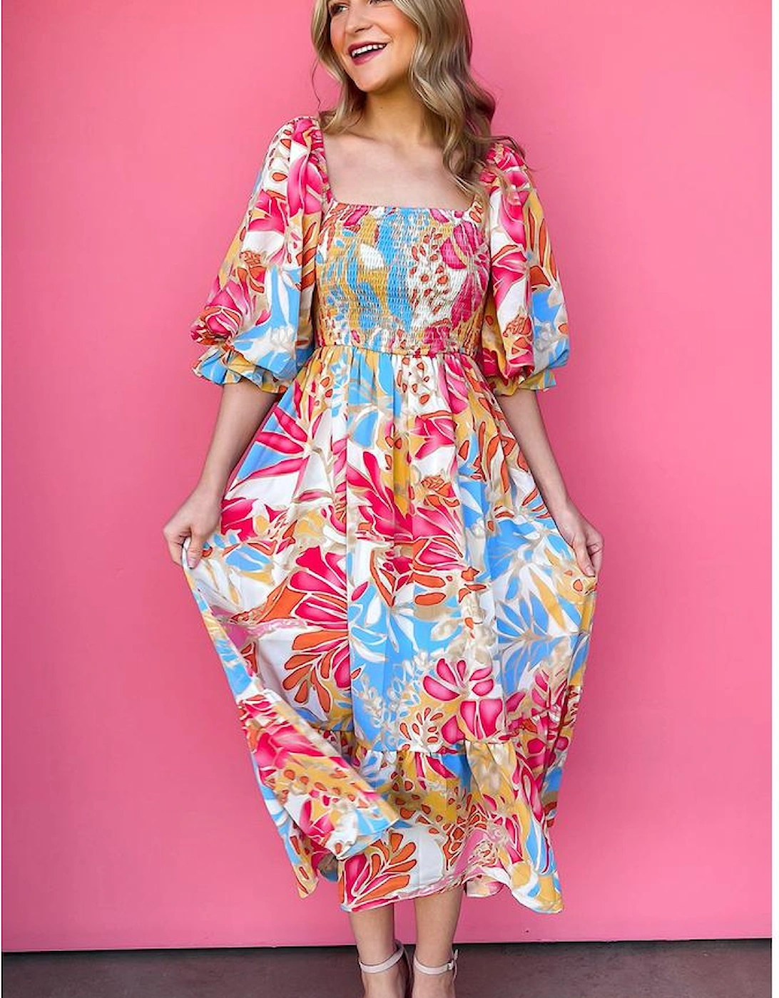 Rose Red Tropical Print Smocked Bodice Puff Sleeve Maxi Dress