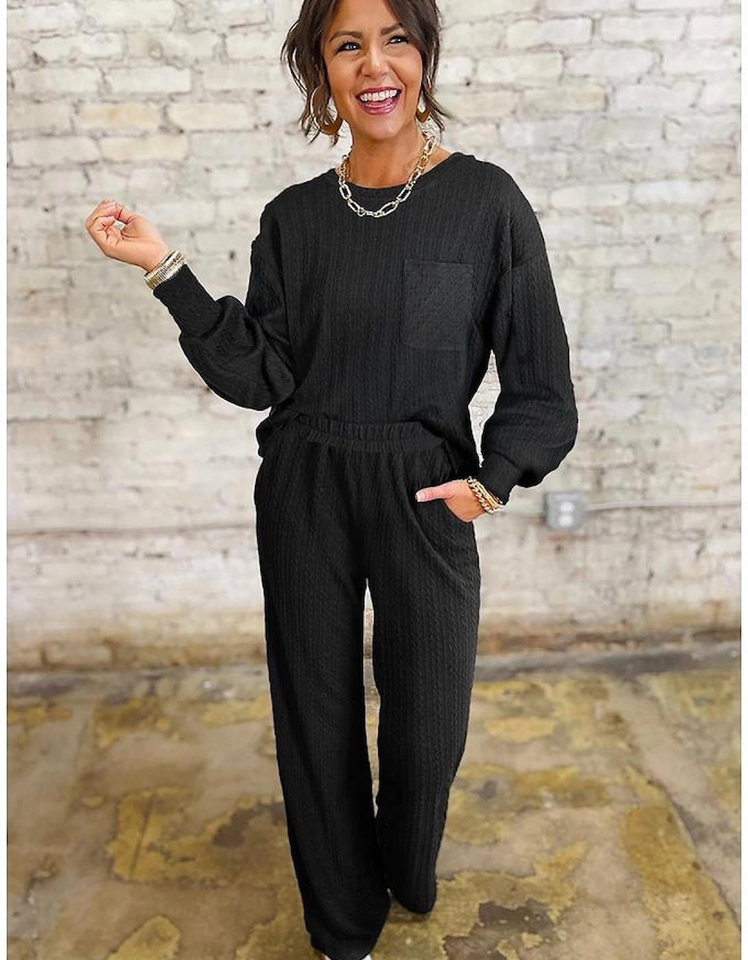 Black Textured Chest Pocket Long Sleeve Top 2Pcs Pants Set