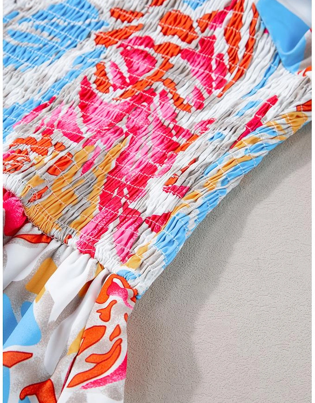 Rose Red Tropical Print Smocked Bodice Puff Sleeve Maxi Dress