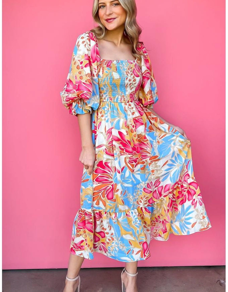 Rose Red Tropical Print Smocked Bodice Puff Sleeve Maxi Dress