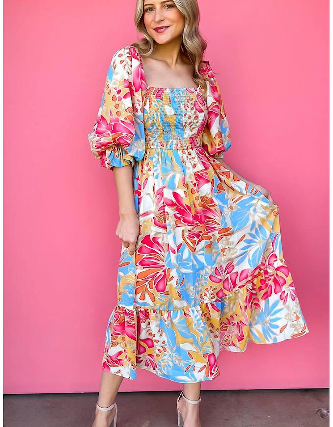 Rose Red Tropical Print Smocked Bodice Puff Sleeve Maxi Dress