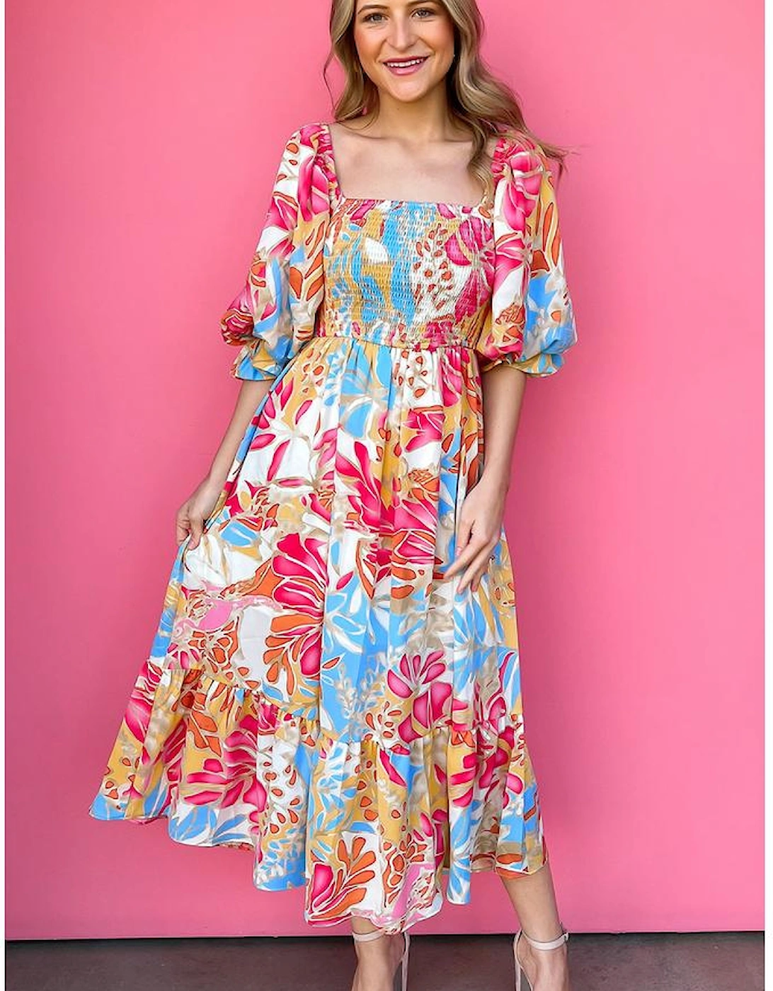 Rose Red Tropical Print Smocked Bodice Puff Sleeve Maxi Dress
