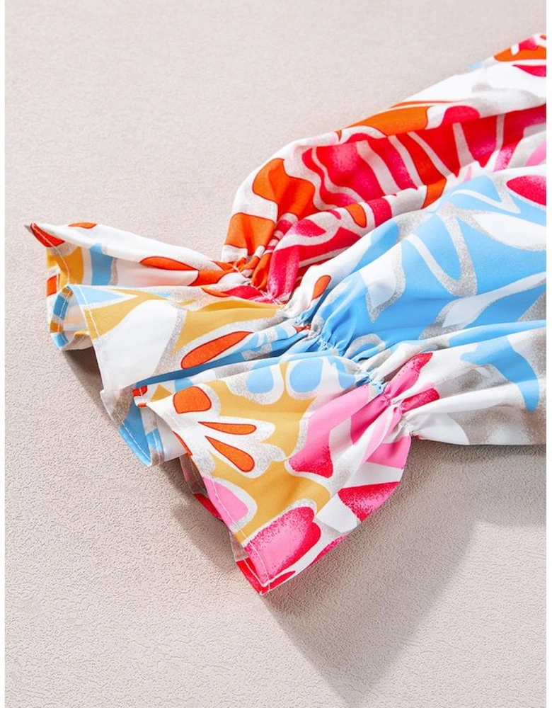 Rose Red Tropical Print Smocked Bodice Puff Sleeve Maxi Dress