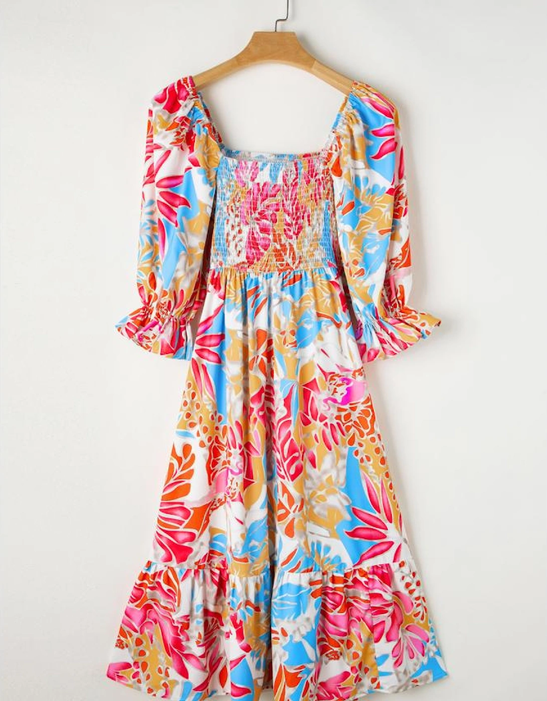 Rose Red Tropical Print Smocked Bodice Puff Sleeve Maxi Dress