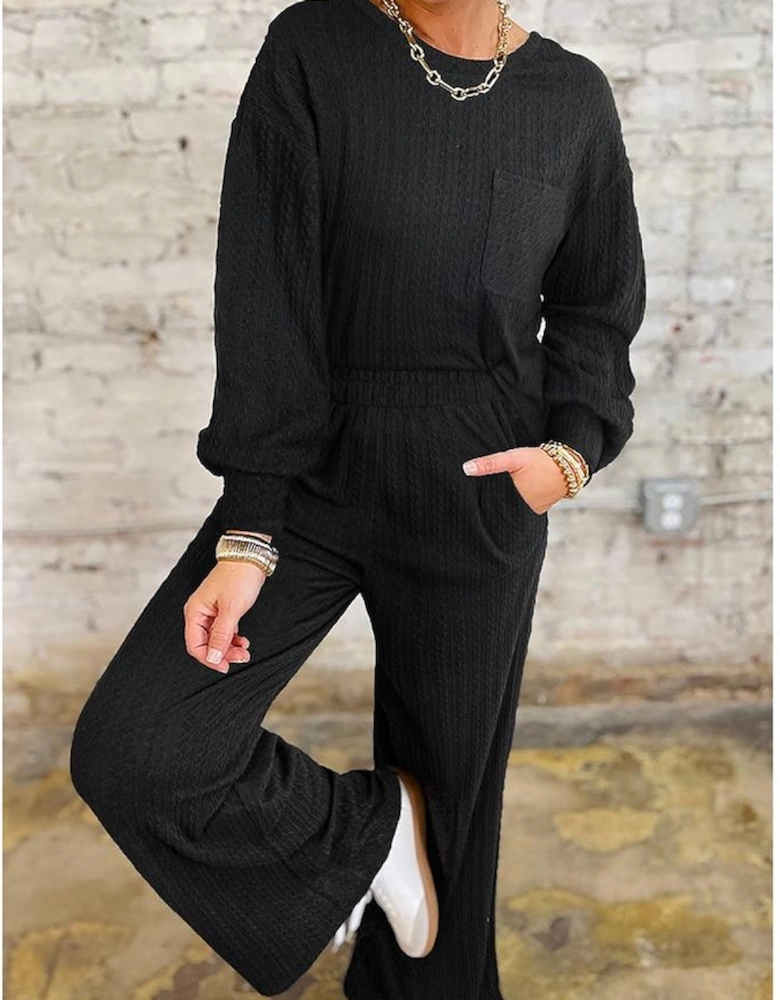 Black Textured Chest Pocket Long Sleeve Top 2Pcs Pants Set