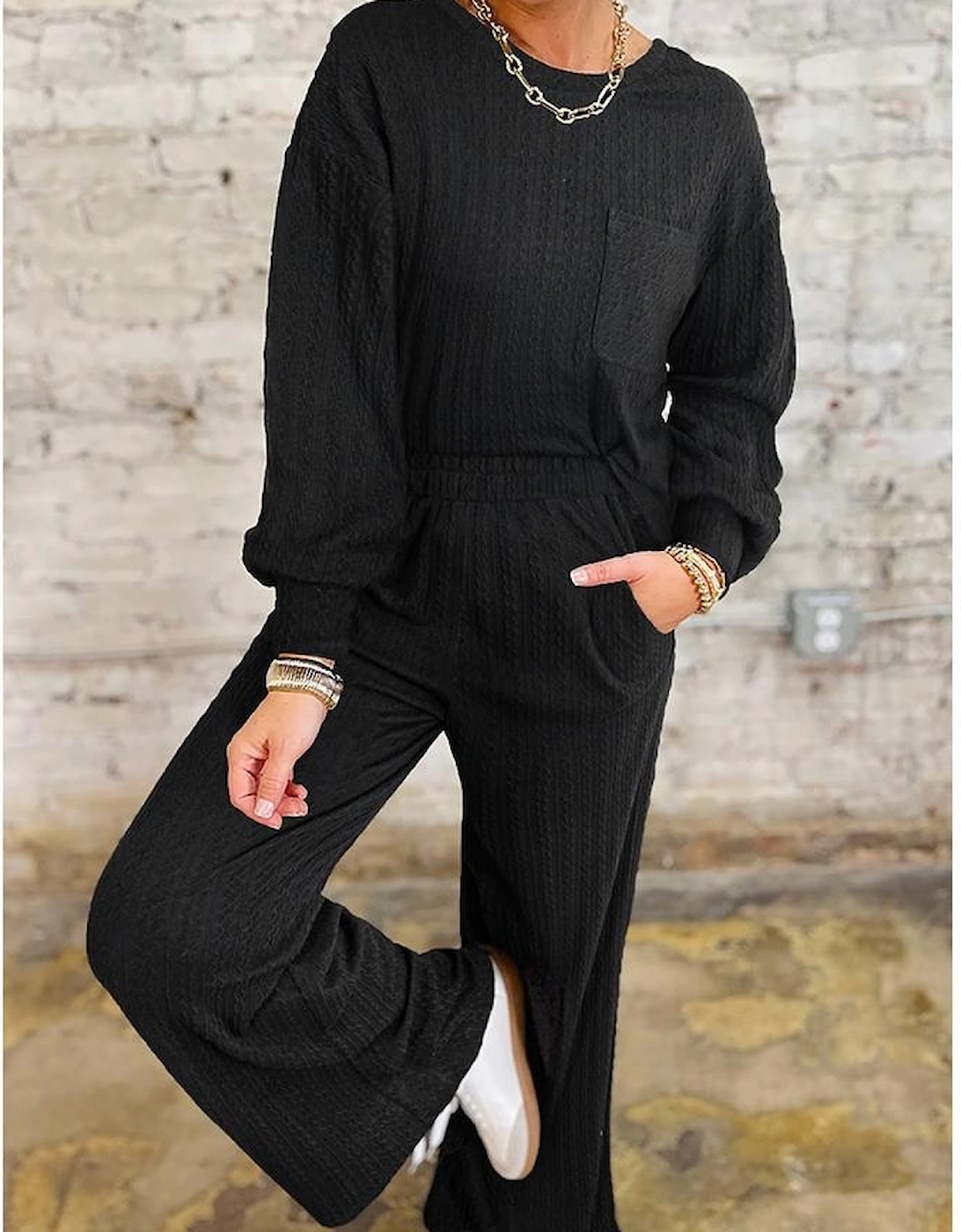 Black Textured Chest Pocket Long Sleeve Top 2Pcs Pants Set