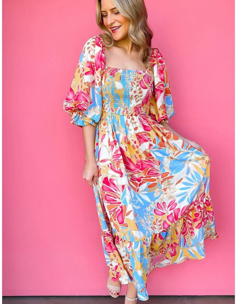 Rose Red Tropical Print Smocked Bodice Puff Sleeve Maxi Dress