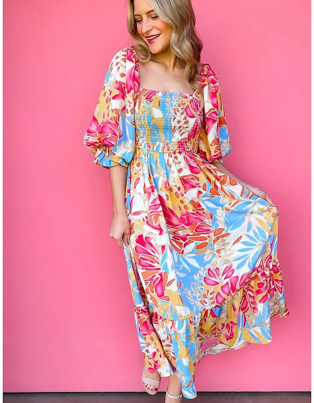 Rose Red Tropical Print Smocked Bodice Puff Sleeve Maxi Dress