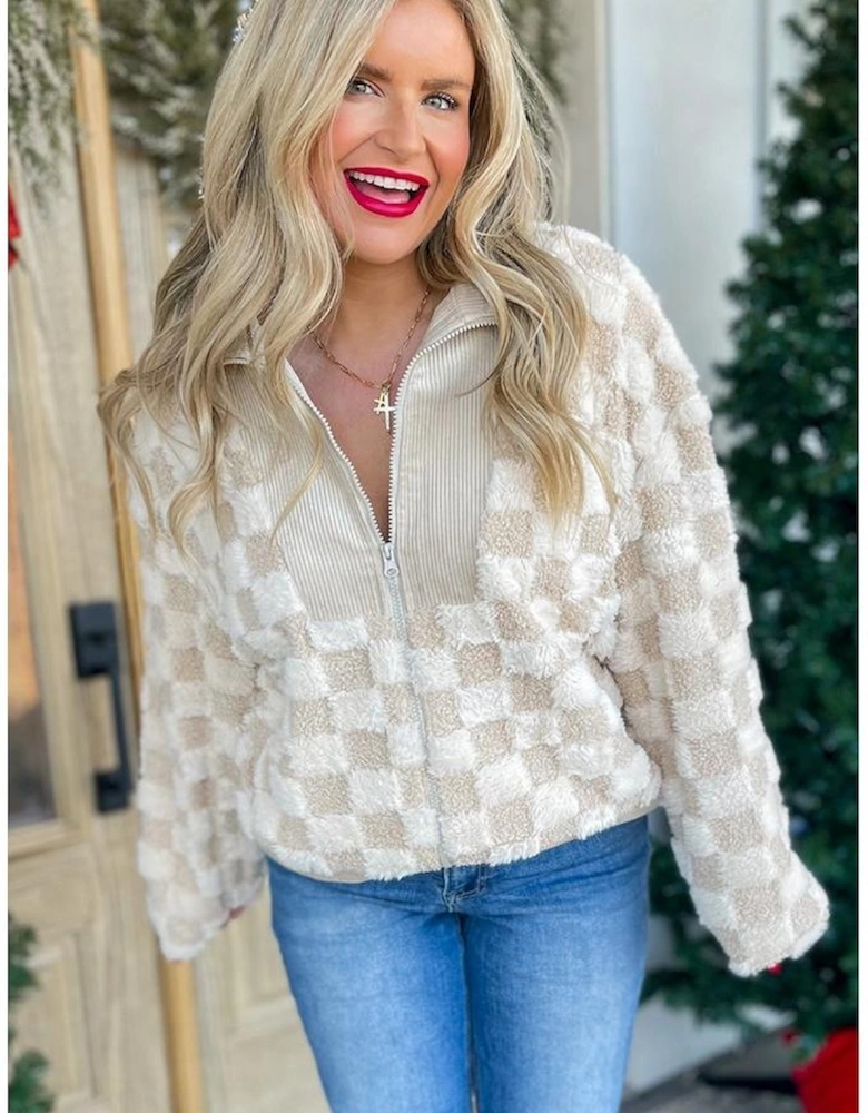 Khaki Checker Sherpa Corduroy Patchwork Zip up Collared Jacket