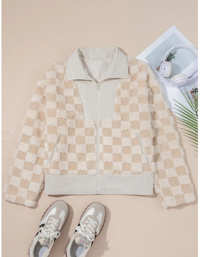 Khaki Checker Sherpa Corduroy Patchwork Zip up Collared Jacket