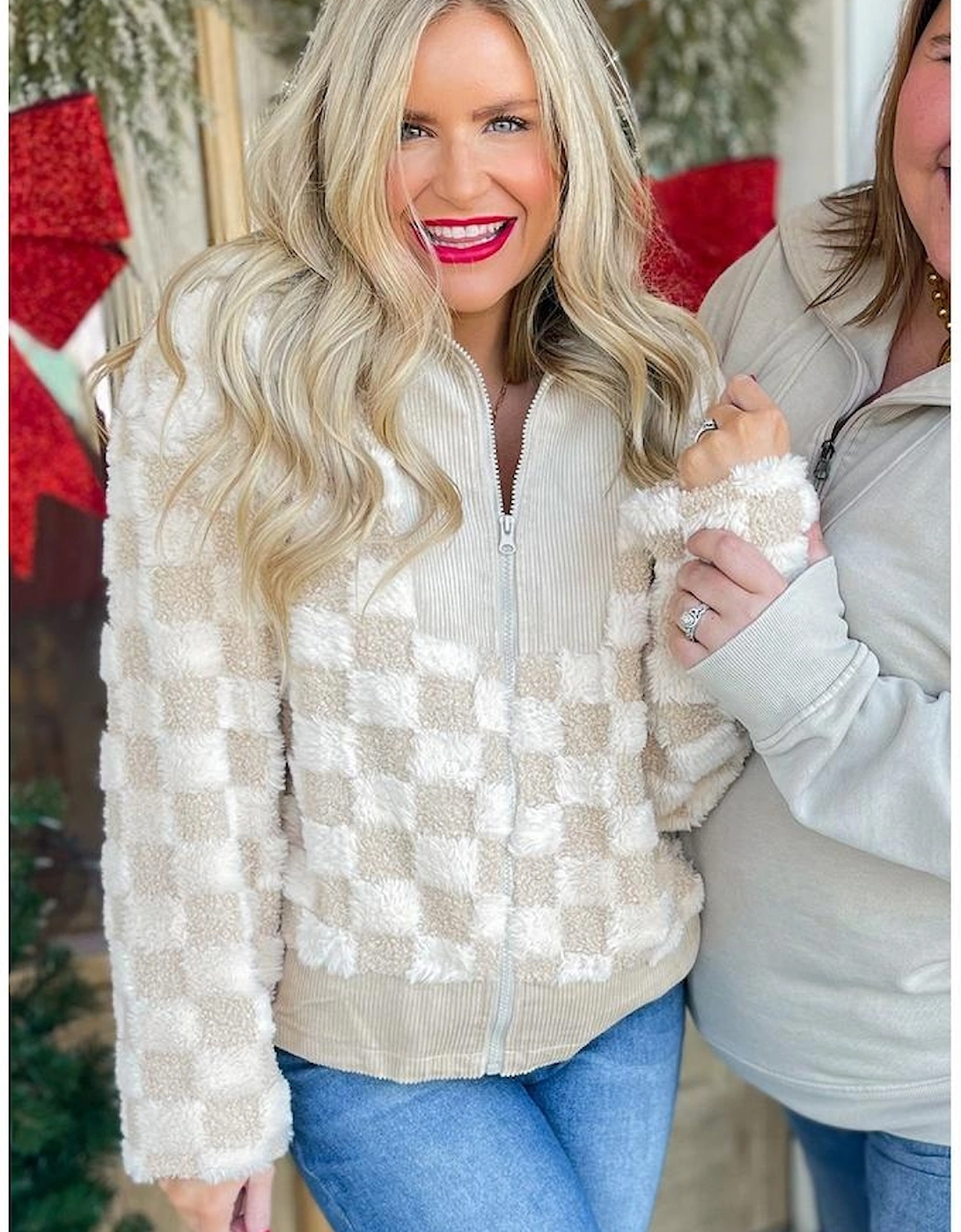 Khaki Checker Sherpa Corduroy Patchwork Zip up Collared Jacket