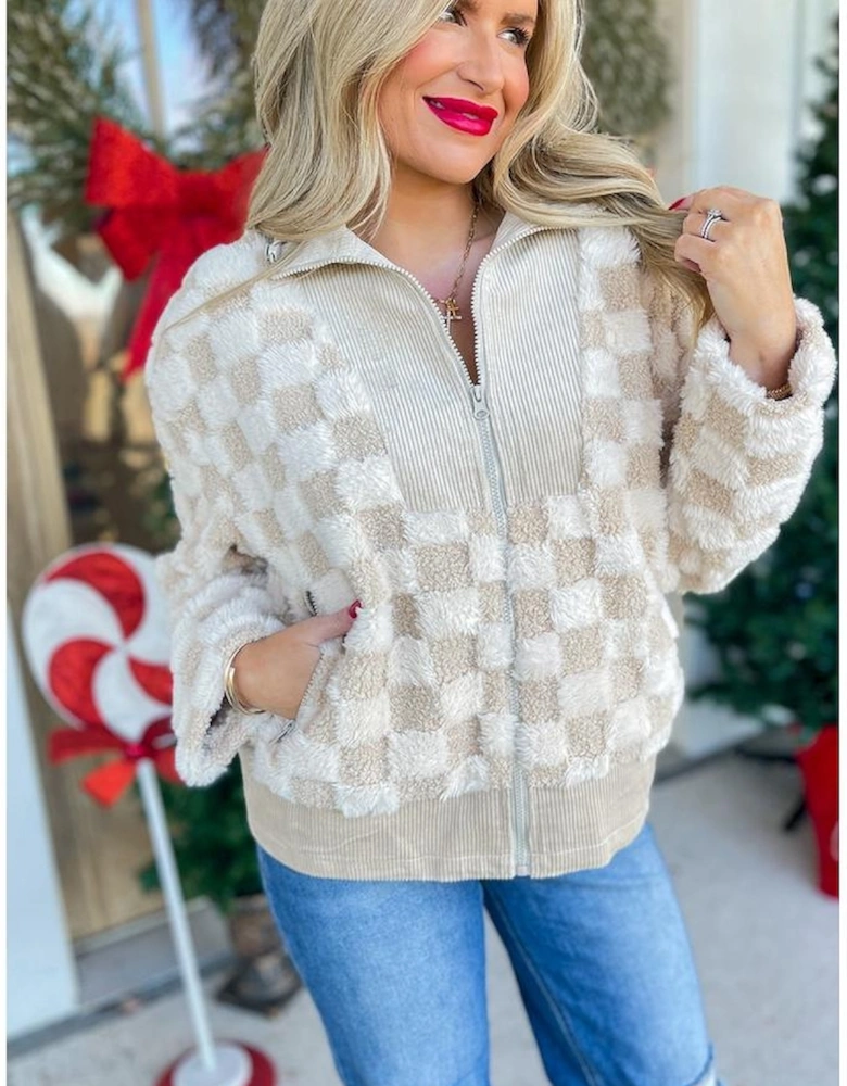 Khaki Checker Sherpa Corduroy Patchwork Zip up Collared Jacket