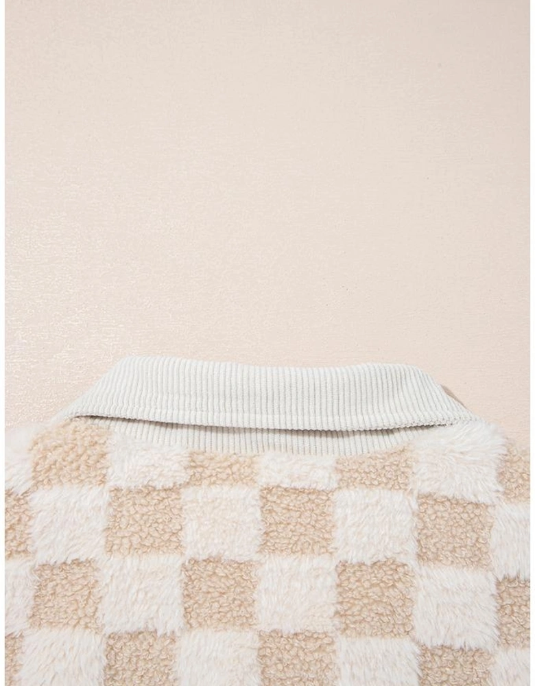 Khaki Checker Sherpa Corduroy Patchwork Zip up Collared Jacket