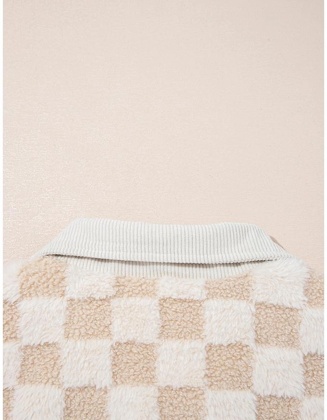 Khaki Checker Sherpa Corduroy Patchwork Zip up Collared Jacket