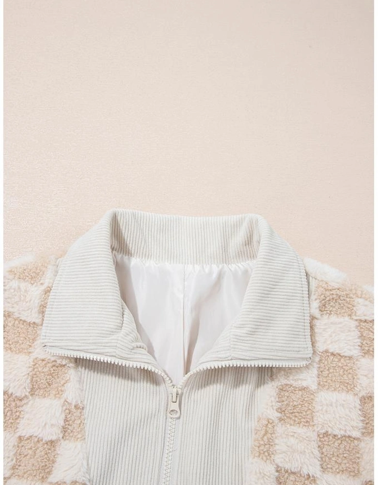 Khaki Checker Sherpa Corduroy Patchwork Zip up Collared Jacket