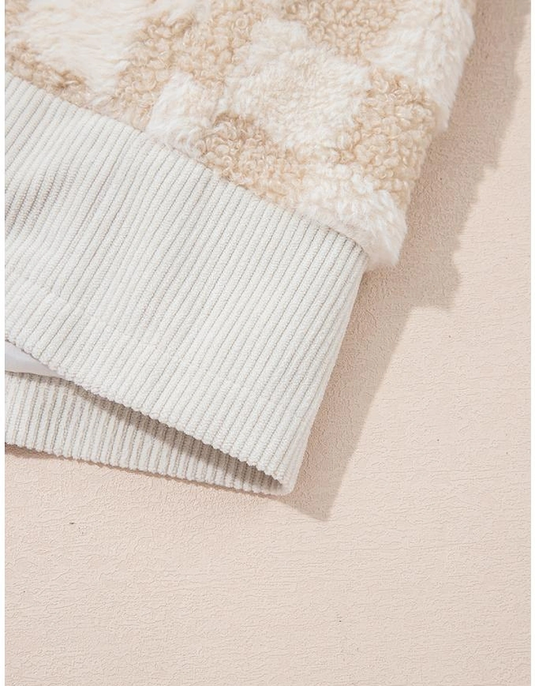 Khaki Checker Sherpa Corduroy Patchwork Zip up Collared Jacket