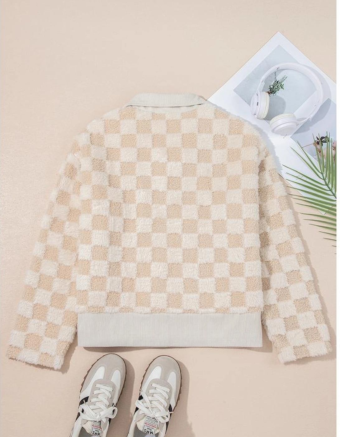 Khaki Checker Sherpa Corduroy Patchwork Zip up Collared Jacket