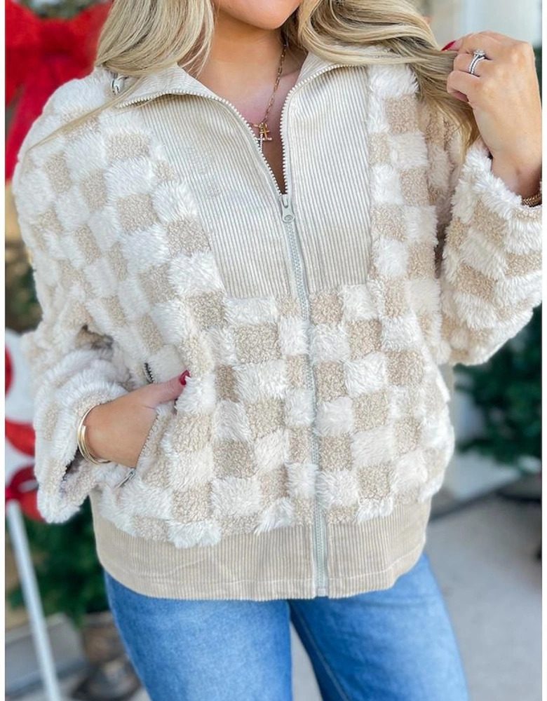 Khaki Checker Sherpa Corduroy Patchwork Zip up Collared Jacket