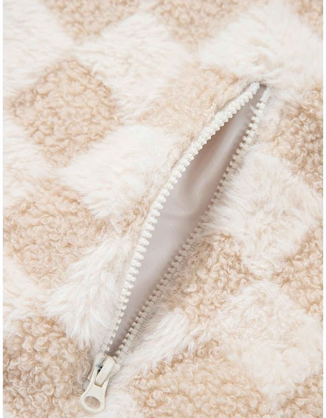 Khaki Checker Sherpa Corduroy Patchwork Zip up Collared Jacket