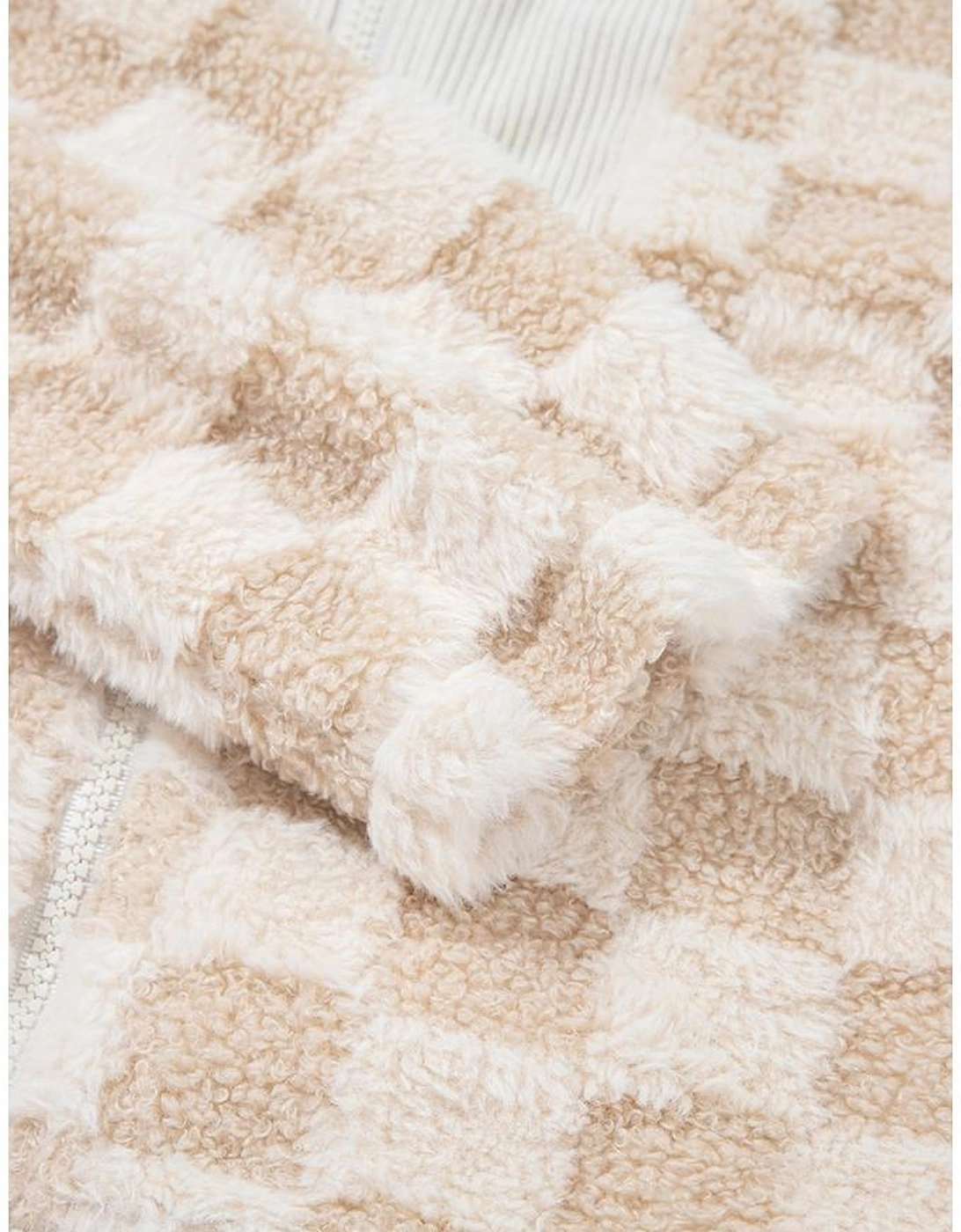 Khaki Checker Sherpa Corduroy Patchwork Zip up Collared Jacket