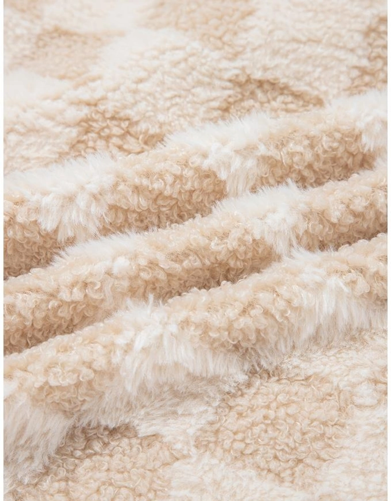 Khaki Checker Sherpa Corduroy Patchwork Zip up Collared Jacket