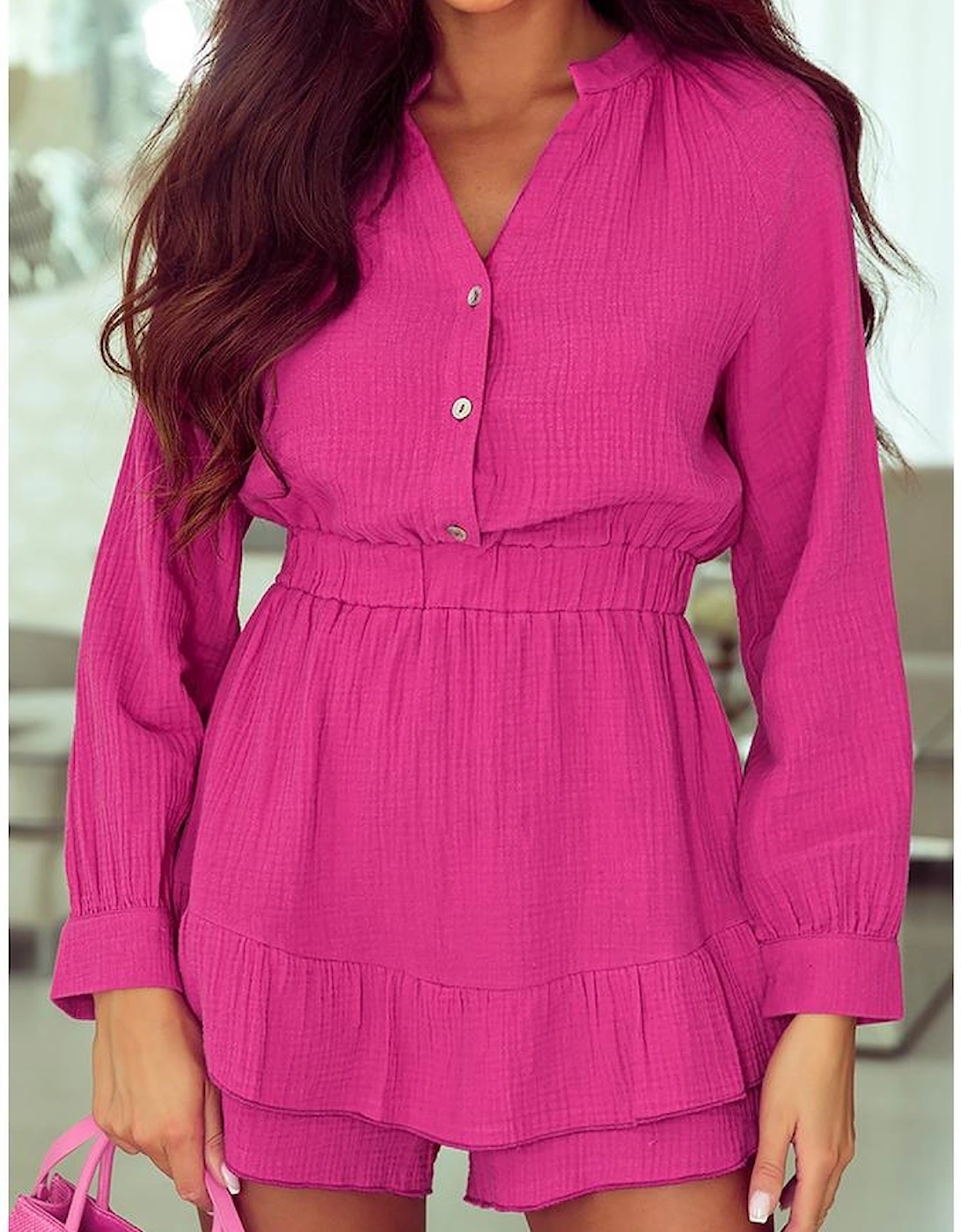 Rose Textured Tiered Ruffled Buttoned Long Sleeve Romper