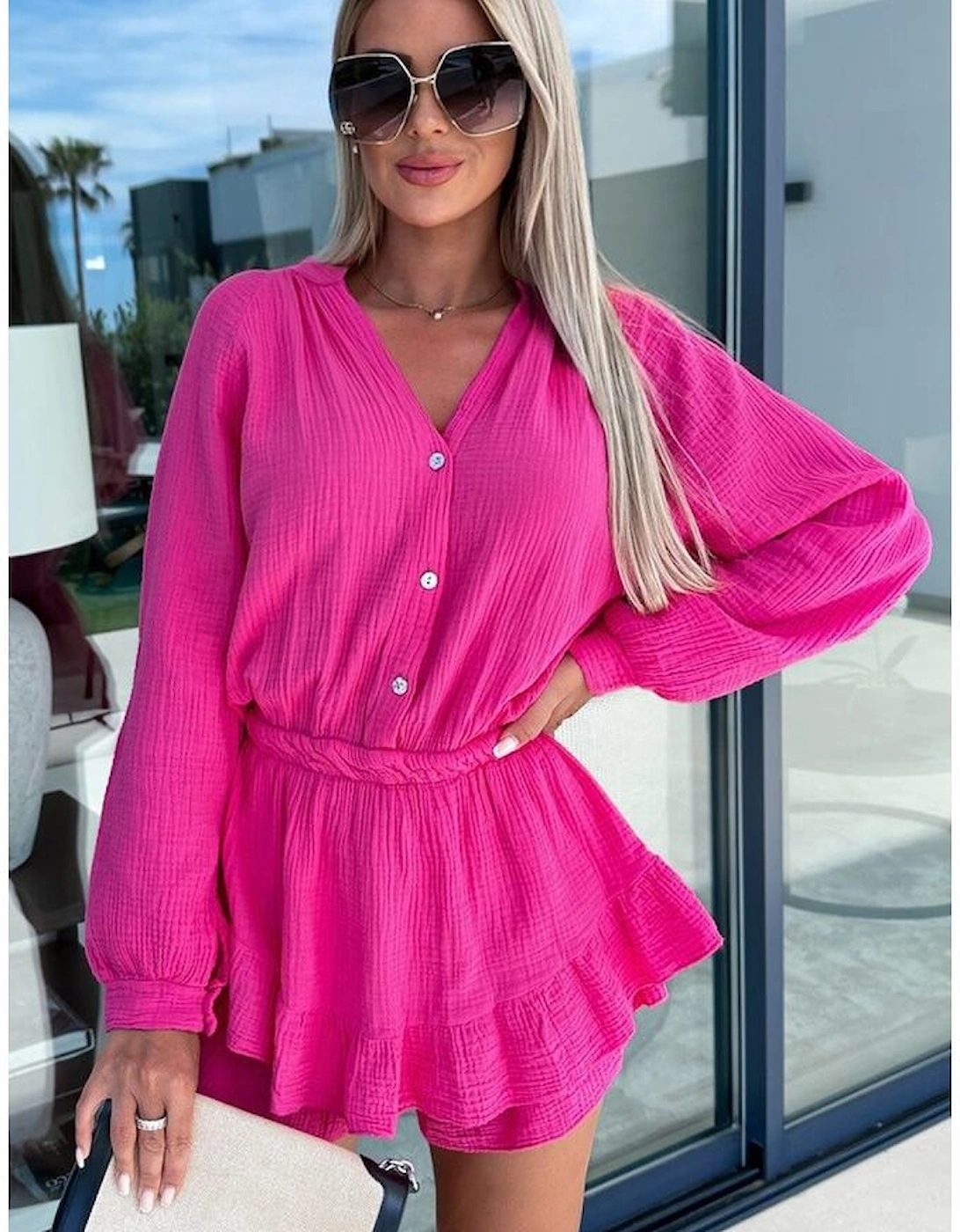 Rose Textured Tiered Ruffled Buttoned Long Sleeve Romper, 14 of 13