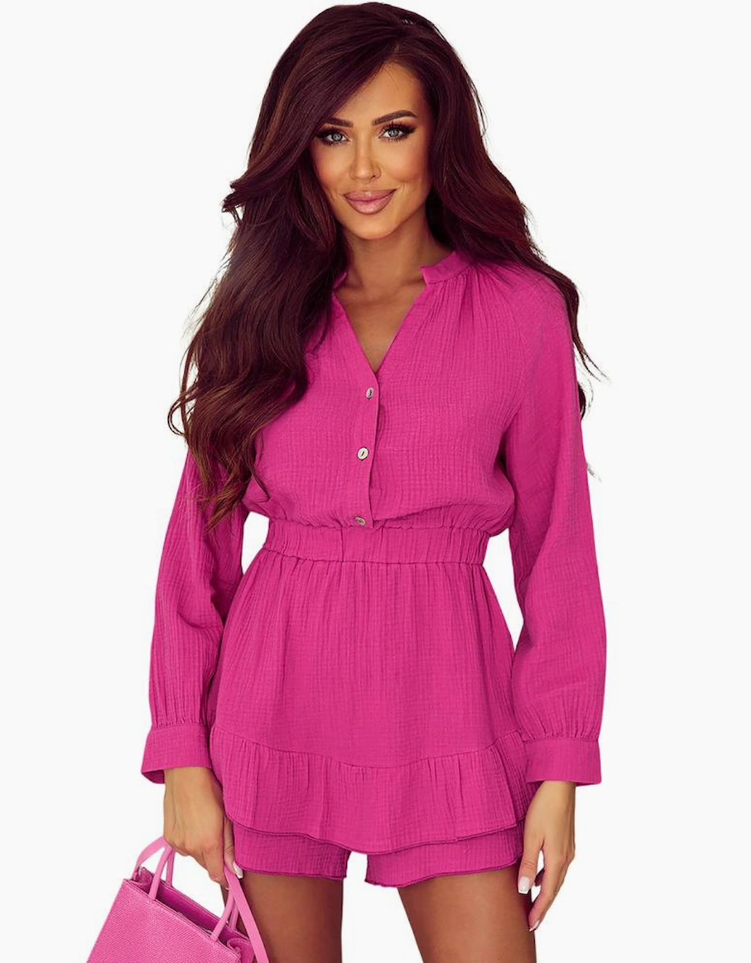Rose Textured Tiered Ruffled Buttoned Long Sleeve Romper