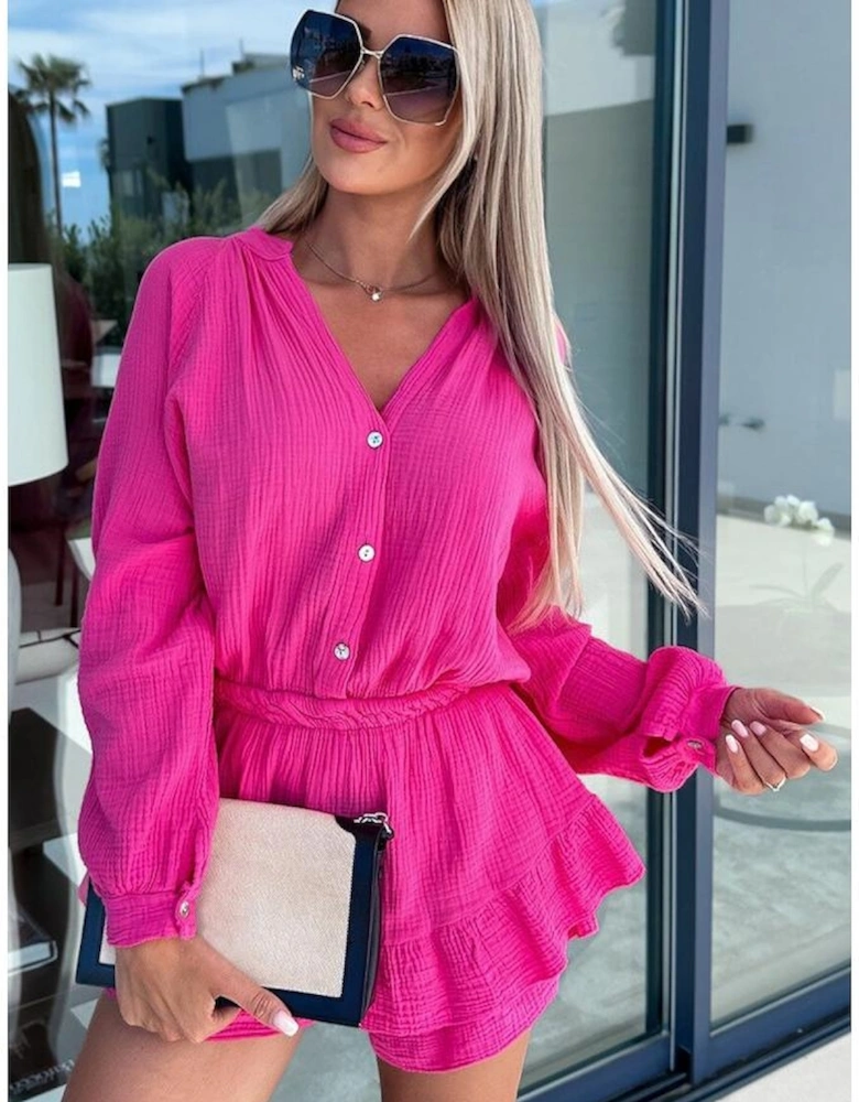 Rose Textured Tiered Ruffled Buttoned Long Sleeve Romper