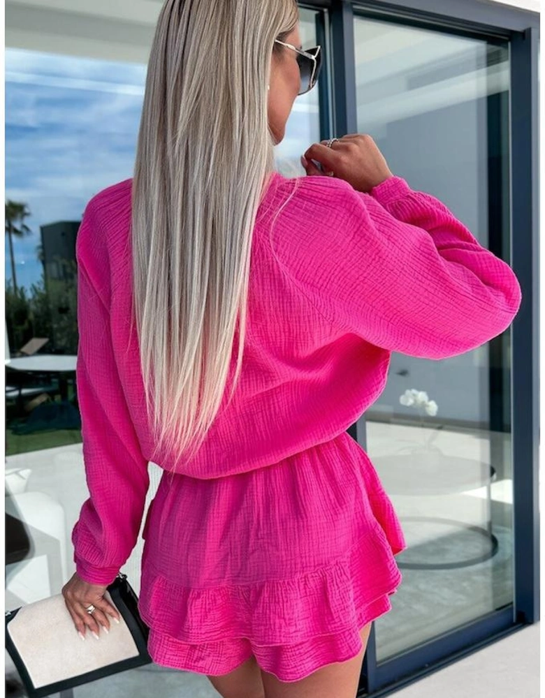 Rose Textured Tiered Ruffled Buttoned Long Sleeve Romper