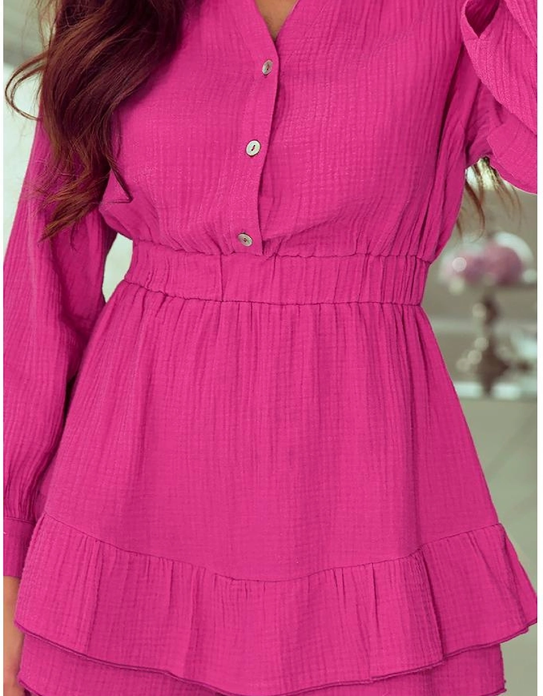 Rose Textured Tiered Ruffled Buttoned Long Sleeve Romper