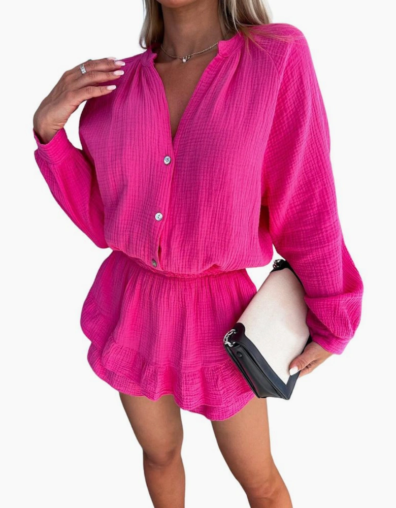 Rose Textured Tiered Ruffled Buttoned Long Sleeve Romper