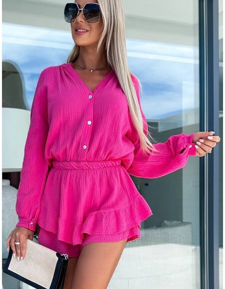 Rose Textured Tiered Ruffled Buttoned Long Sleeve Romper