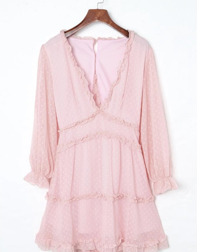 Pink Layered Ruffled Open Back Puff Sleeve Swiss Dot Mini Dress