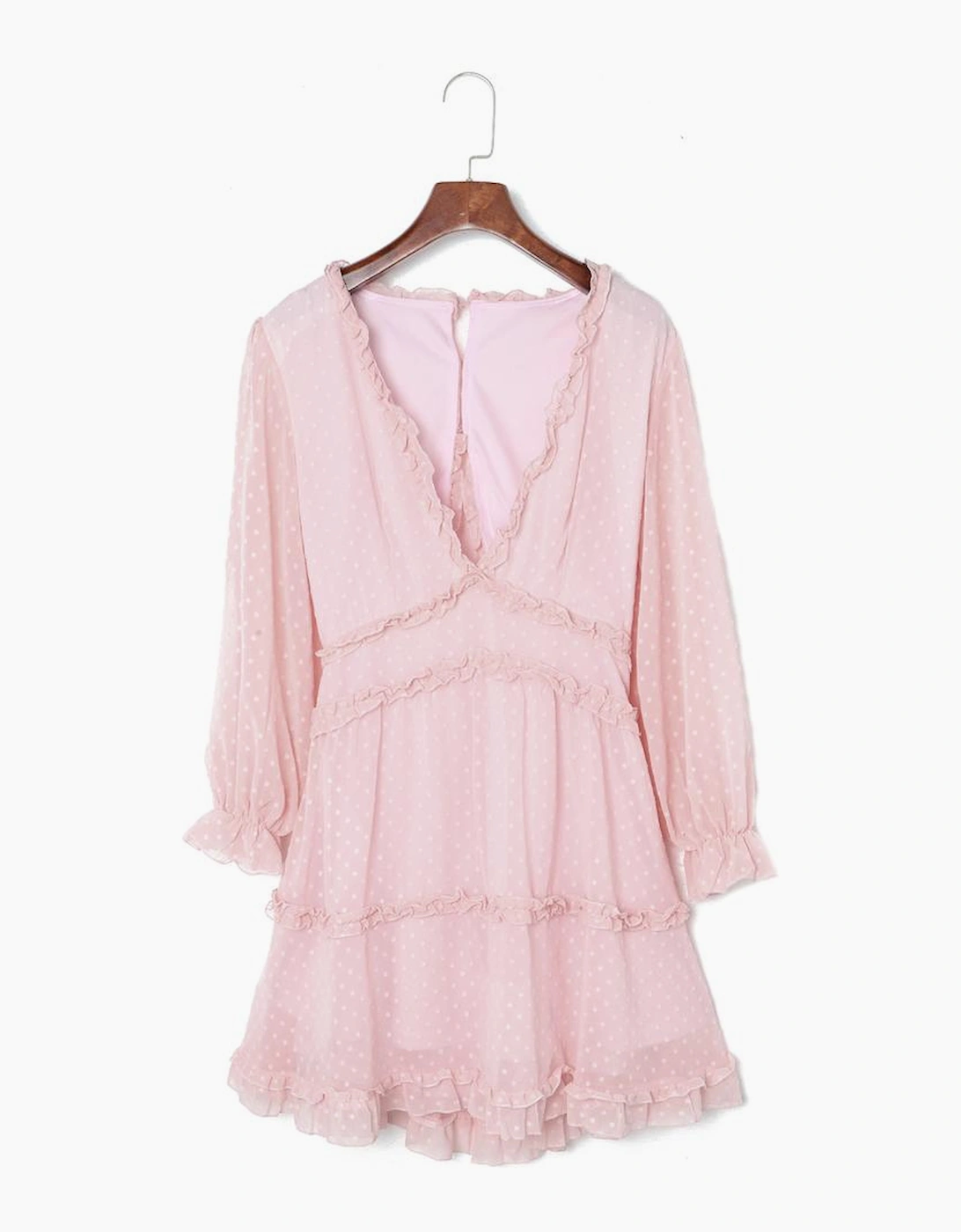 Pink Layered Ruffled Open Back Puff Sleeve Swiss Dot Mini Dress