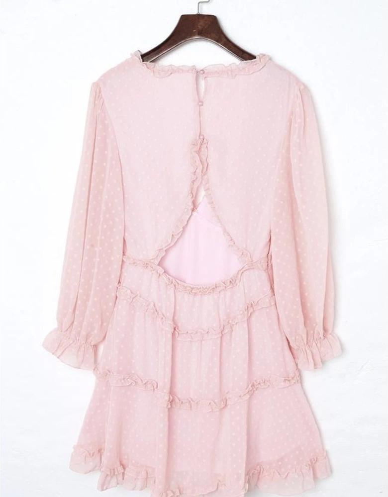 Pink Layered Ruffled Open Back Puff Sleeve Swiss Dot Mini Dress