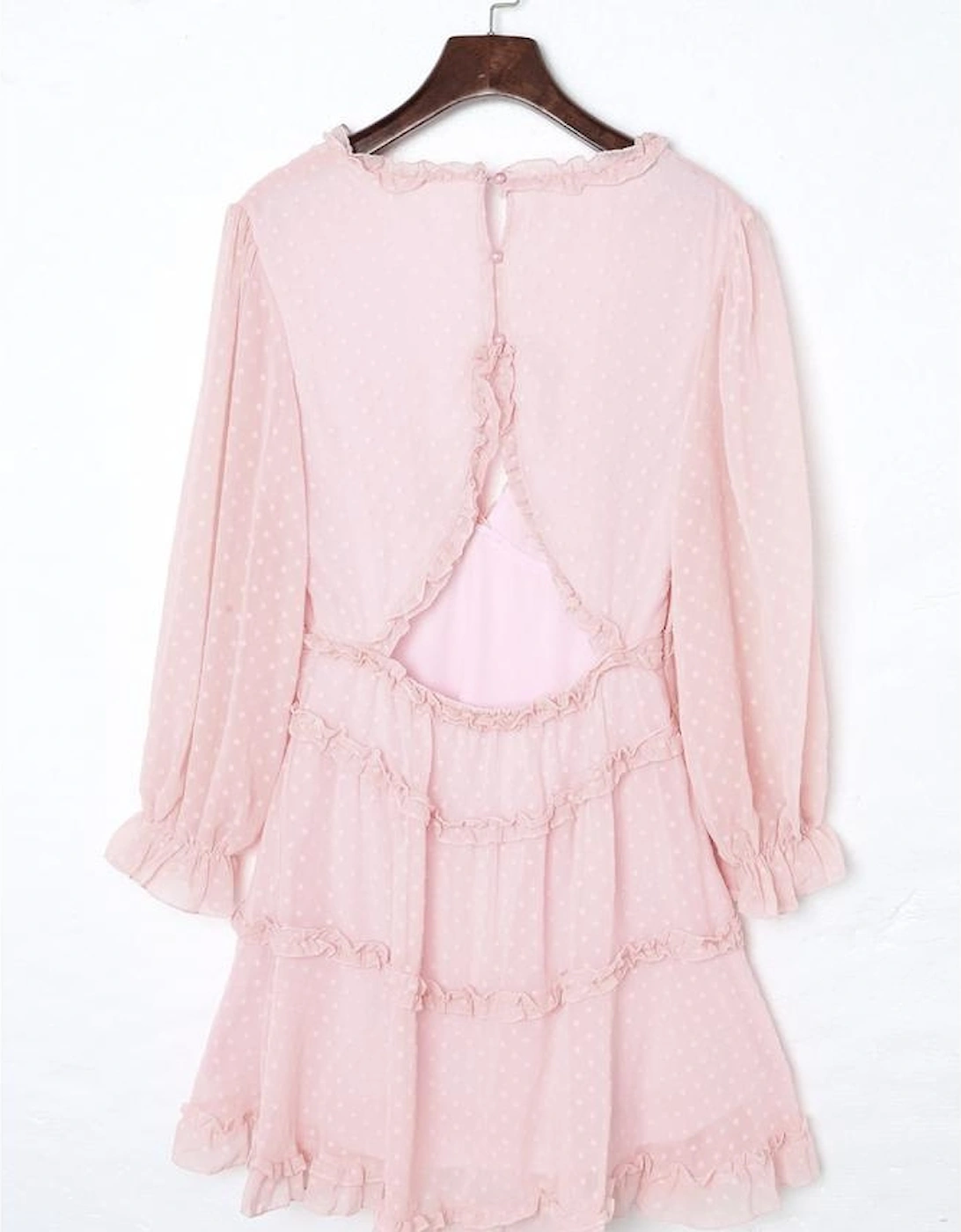 Pink Layered Ruffled Open Back Puff Sleeve Swiss Dot Mini Dress