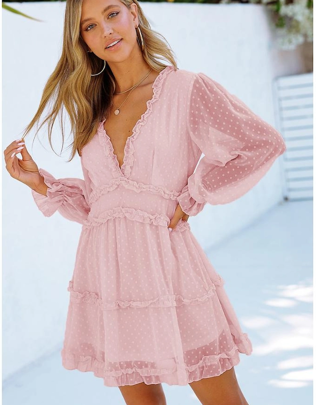 Pink Layered Ruffled Open Back Puff Sleeve Swiss Dot Mini Dress