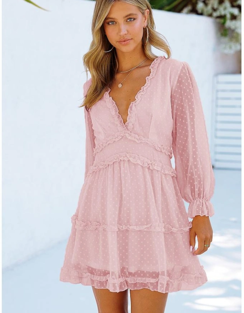 Pink Layered Ruffled Open Back Puff Sleeve Swiss Dot Mini Dress