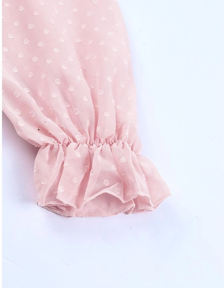 Pink Layered Ruffled Open Back Puff Sleeve Swiss Dot Mini Dress
